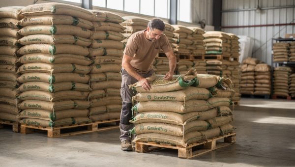 Green coffee bags on pallets in a warehouse illustrating minimum order quantities for roasters