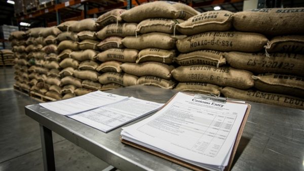 Stacked green coffee bean sacks in a US import warehouse showing tariff documentation