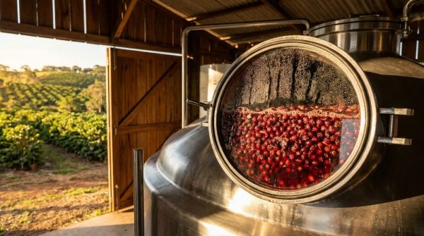 Sealed anaerobic fermentation tanks for specialty coffee processing at a farm with ripe cherry details