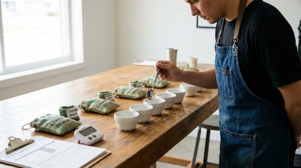 Specialty roaster cupping green coffee samples using SCA cupping protocol with evaluation forms