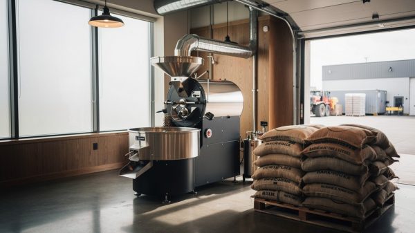 Canadian specialty coffee roastery with green coffee bean sacks from a US-based wholesale importer