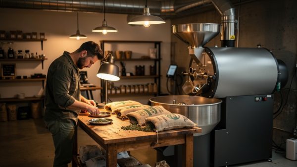 Small specialty roastery owner evaluating green coffee samples at a workbench before first wholesale order