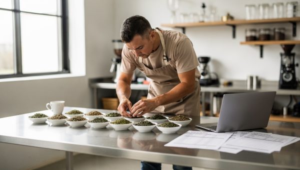 Coffee buyer evaluating green coffee samples when choosing a green coffee supplier