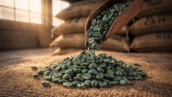 Large green Kenya AA coffee beans in a warehouse scoop ready for wholesale roasters